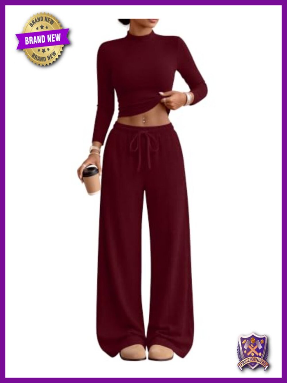 Women's 2-Piece Lounge Set Mock Neck Top Drawstring Pants